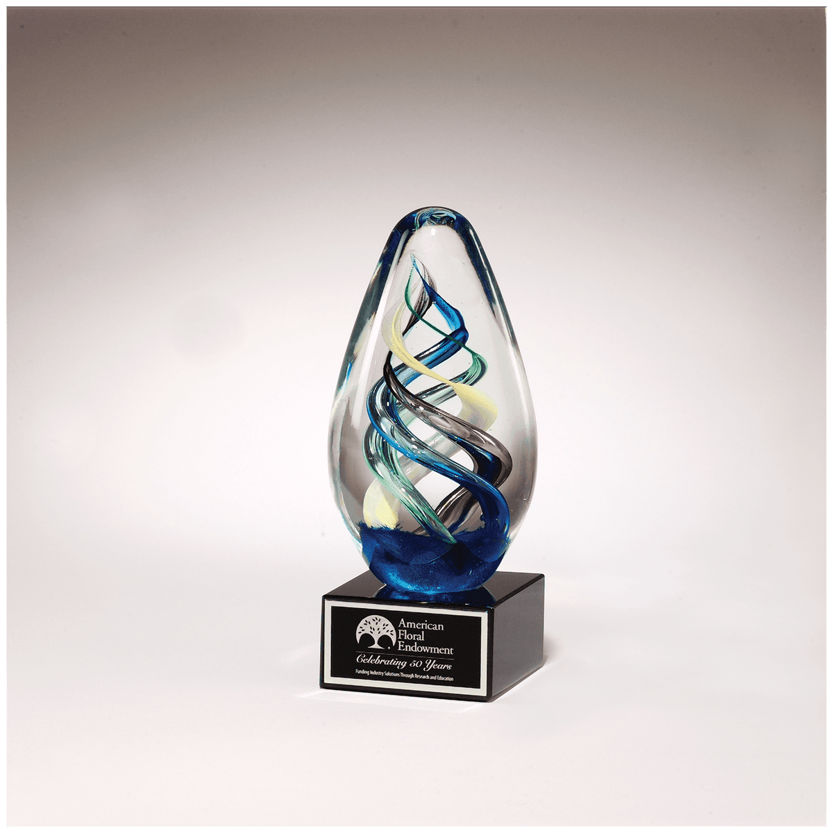 7 1/8" Egg Shaped Colored Art Glass on Black Glass Base with Black Laserable Aluminum Plate