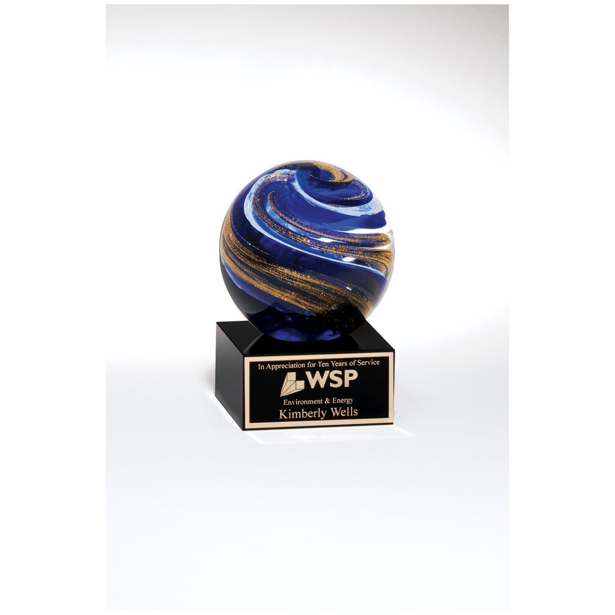 5" Globe with Blue, White and Gold Metallic on Black Glass Base with Black Laser Aluminum Plate