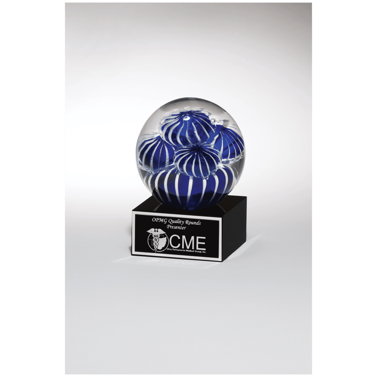 5" Globe with Blue and White Sea Anemone Design on Black Glass Base with Black Laserable Aluminum Plate