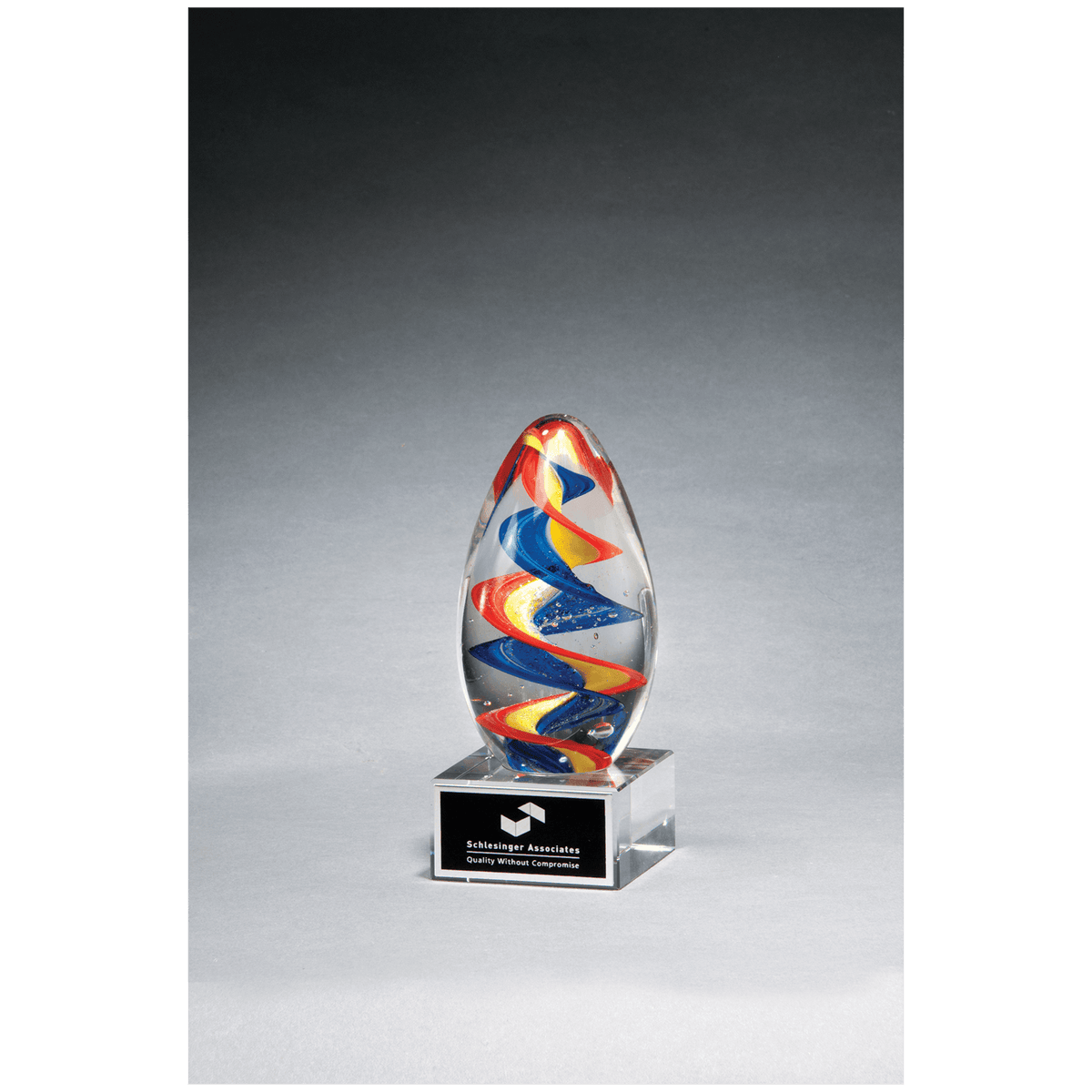 6" Colorful Egg Shaped Art Glass on Clear Glass Base with Black Laserable Aluminum Plate