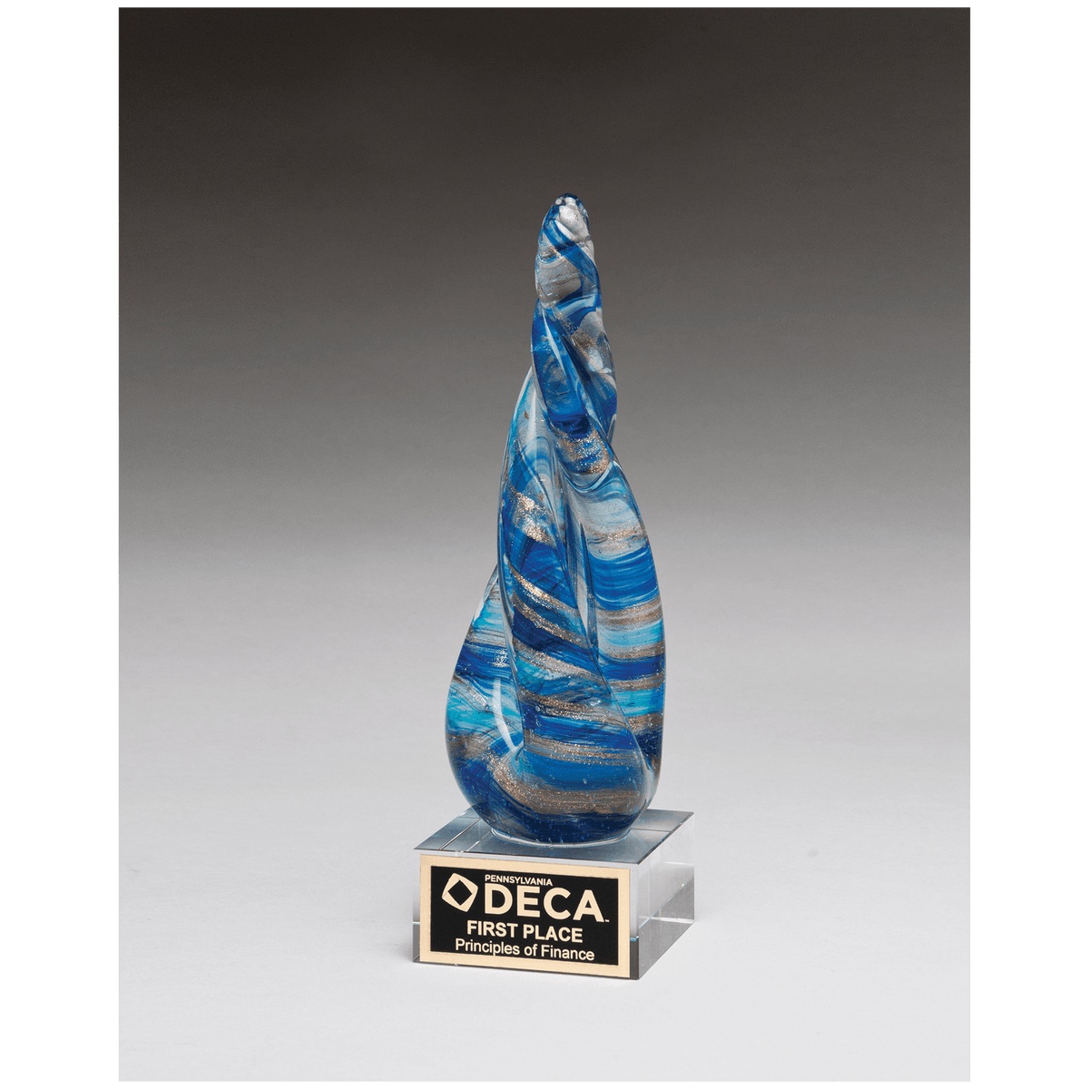 8 3/4" Twist Blue & Teal Art Glass with Gold Metallic Accent on Clear Glass Base and Black Laser Aluminum Plate