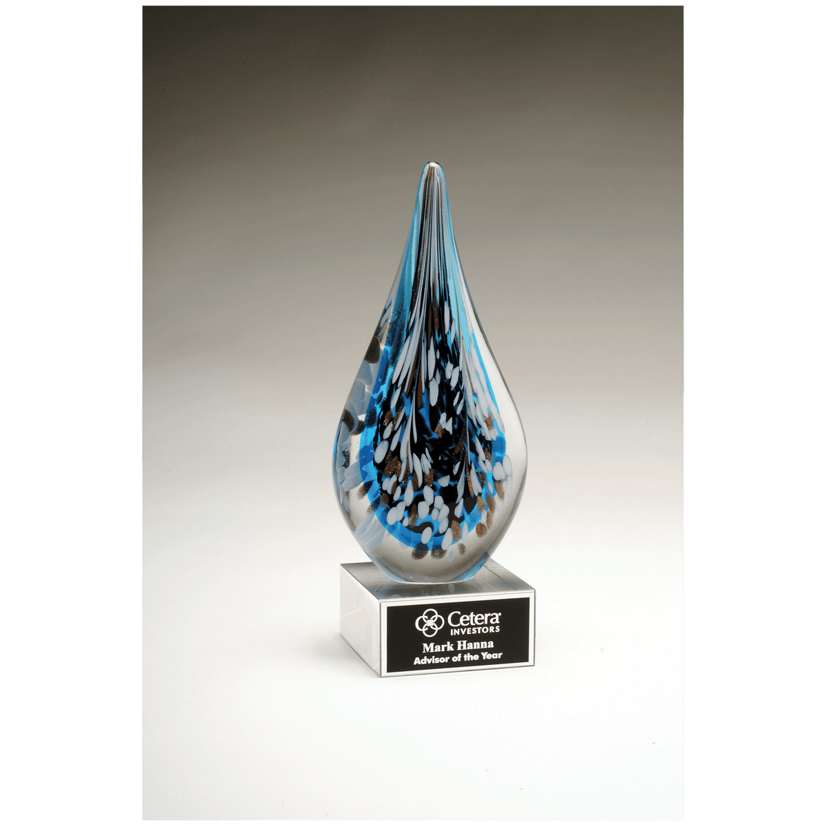 10" Multi-Colored Teardrop Art Glass on Clear Glass Base with Black Laserable Aluminum Plate