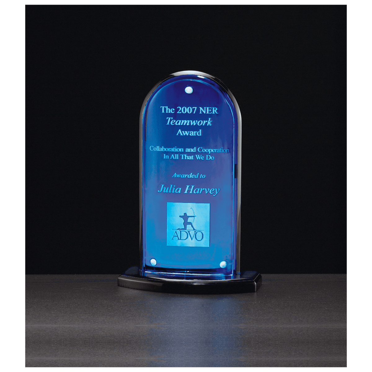 5" x 8" Arch Series Acrylic, Blue Mirror Upright, Black Base with Convex Acrylic Front