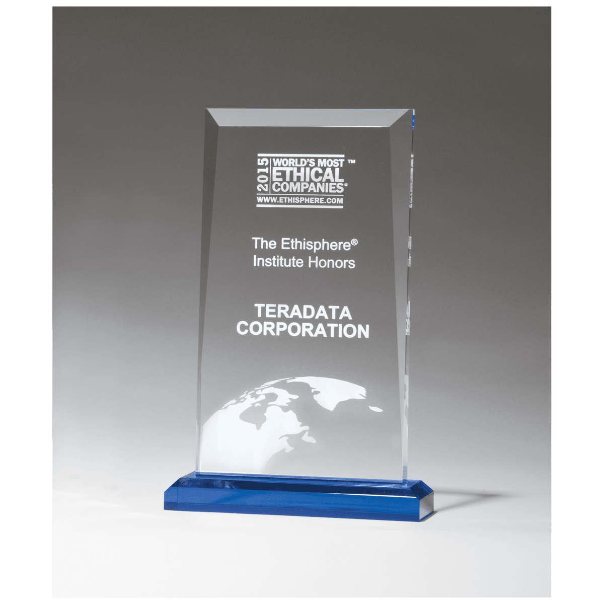 5 1/2" x 8 3/4" Apex Series Clear Acrylic Award with Blue Highlights and Blue Base