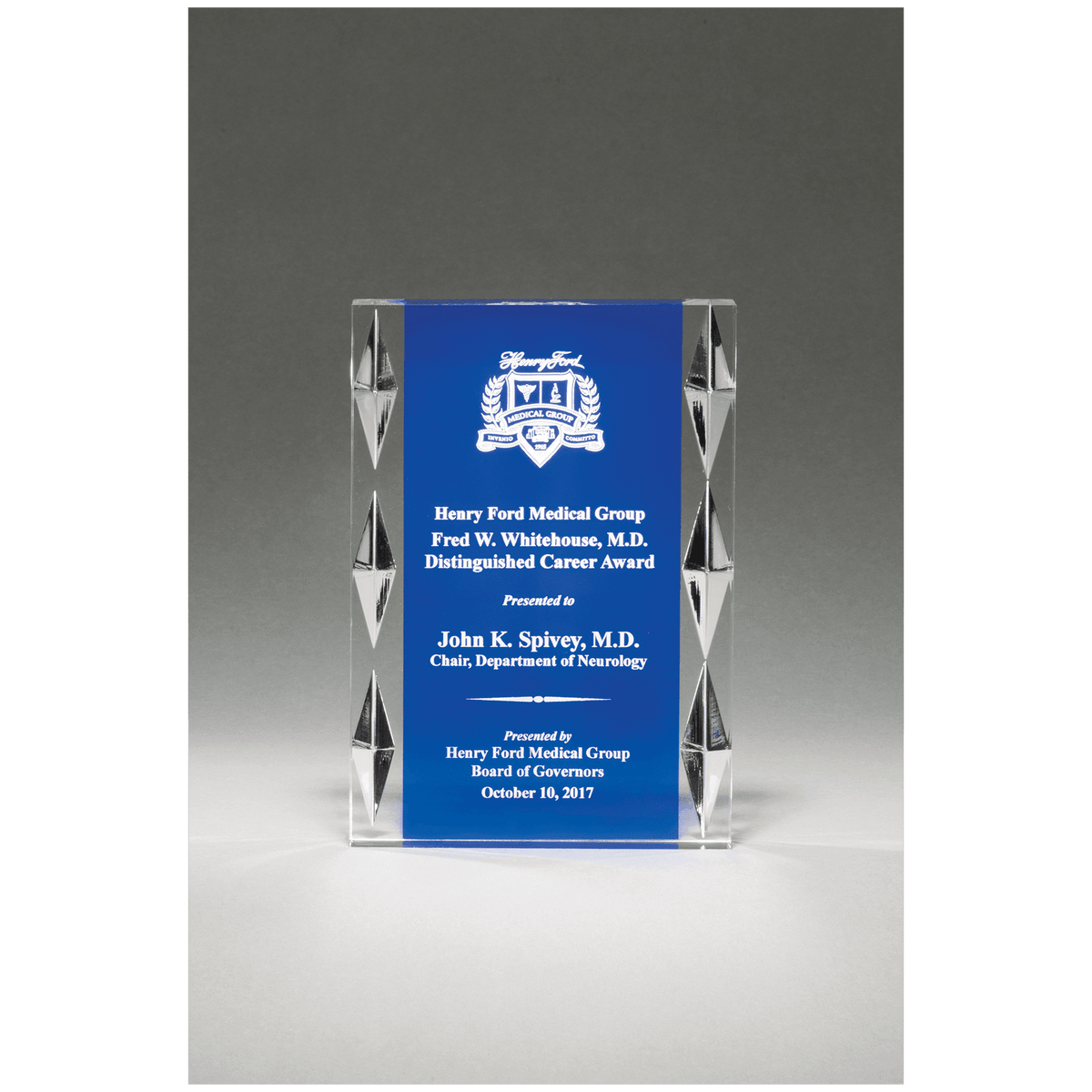 Freestanding Acrylic with Blue Background and Carved Jewel Accents