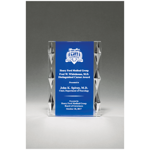 Freestanding Acrylic with Blue Background and Carved Jewel Accents