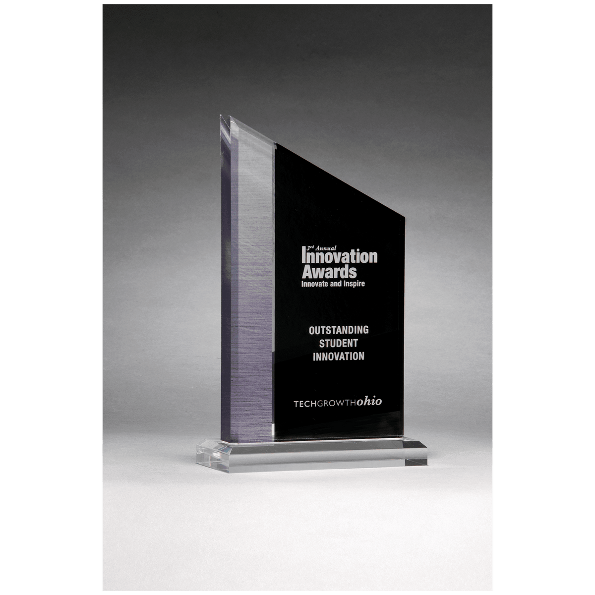 6" x 8" Digitally Printed Brushed Silver Accent on Black Upright Acrylic with Clear Base