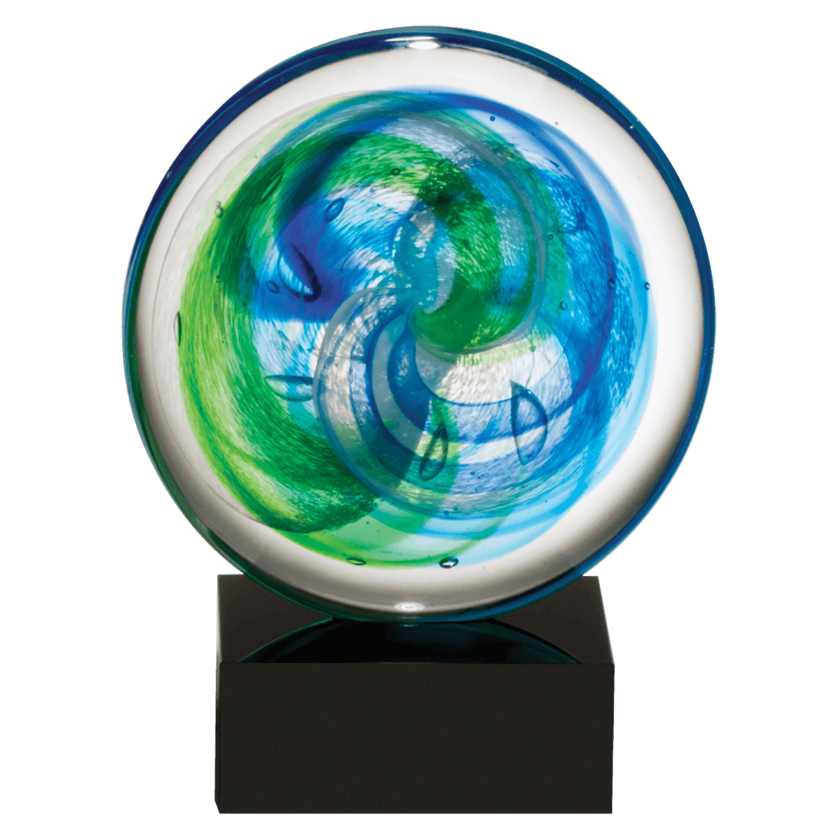 7 1/4" Disk Art Glass w/Blue and Light Green Accent on Black Glass Base-No Plate