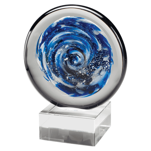 7" Blue and White Disc Art Glass on Clear Glass Base-No Plate
