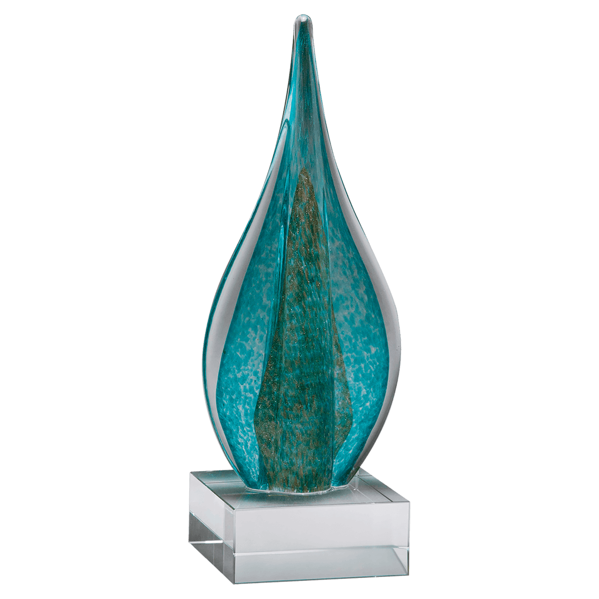 11 1/2" Teal/Green Teardrop with Gold Metallic Accent on Clear Glass Base-No Plate