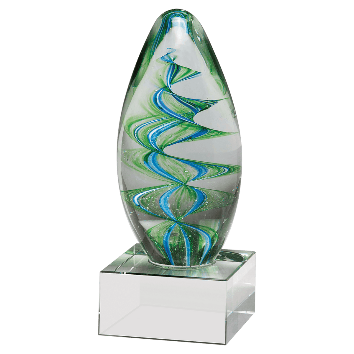 6 1/2" Blue and Green Helix Egg Shaped Art Glass on Clear Glass Base-No Plate