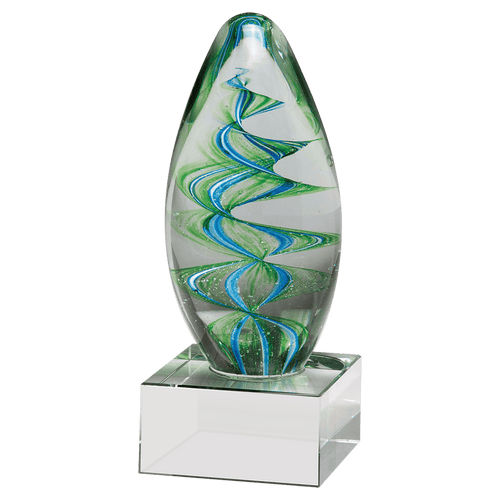 6 1/2" Blue and Green Helix Egg Shaped Art Glass on Clear Glass Base-No Plate