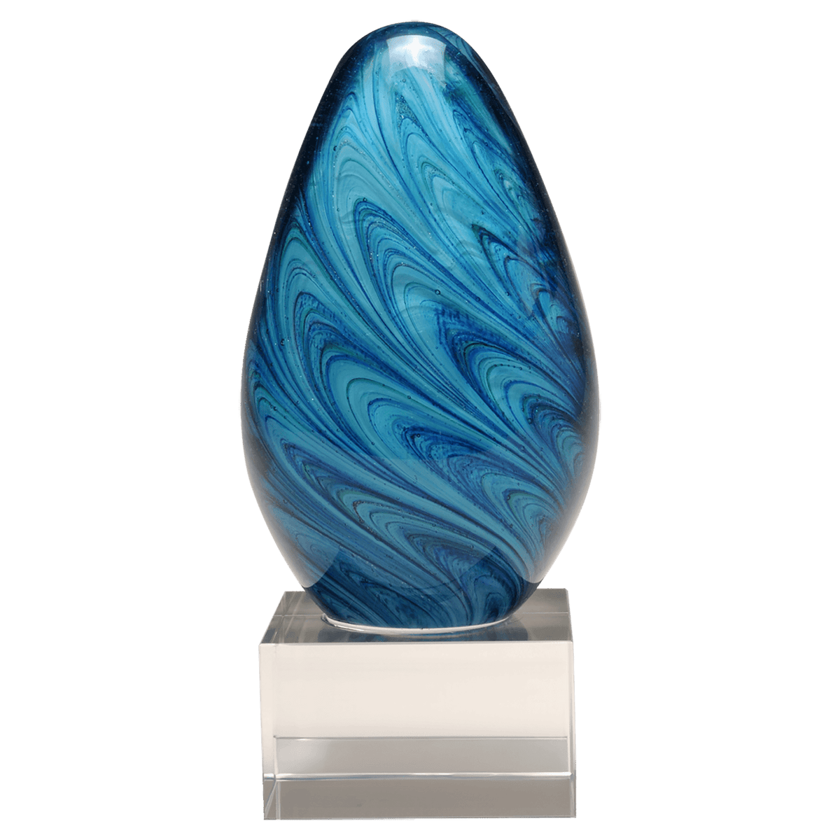 6 1/4" Blue and Green Egg Shaped Art Glass on Clear Glass Base-No Plate
