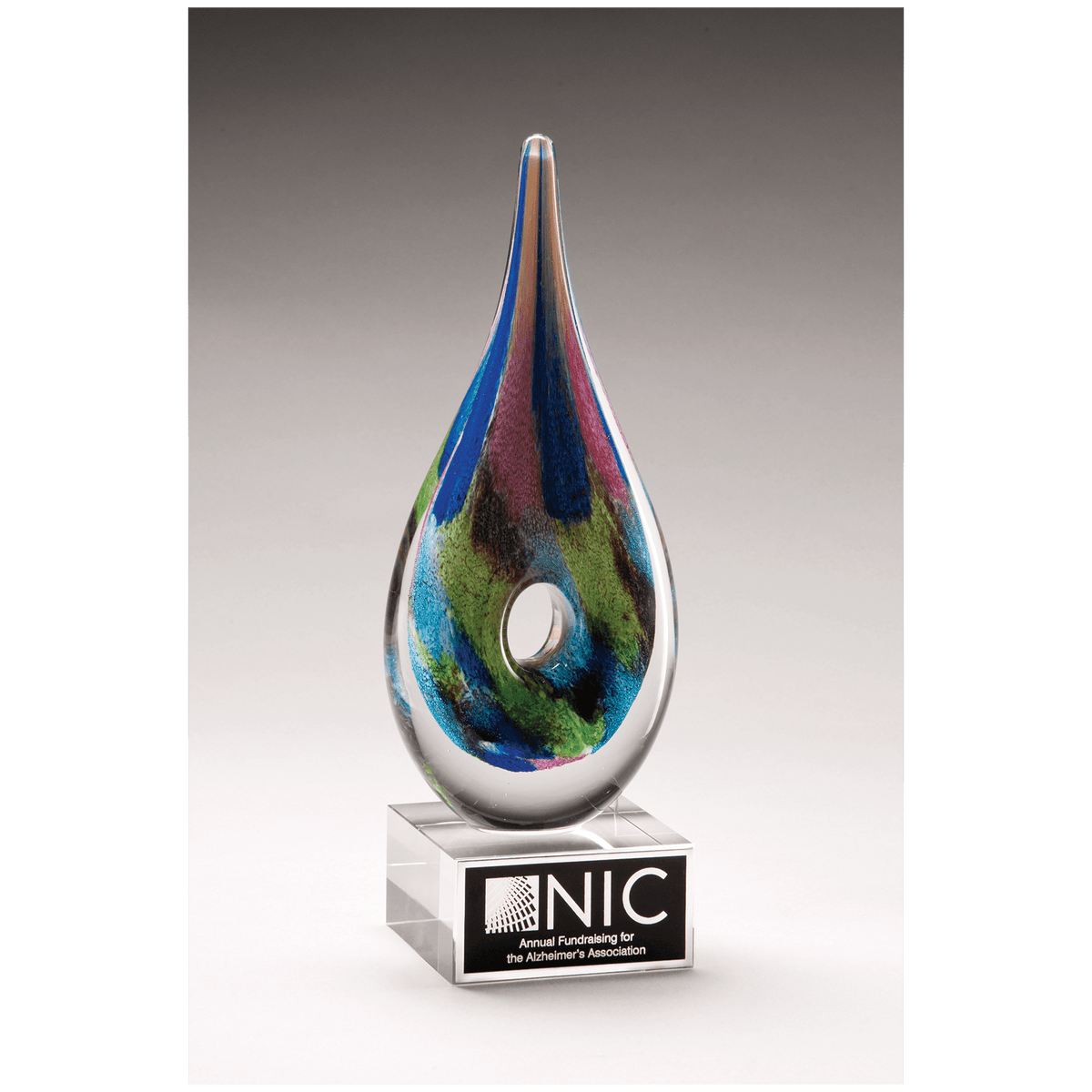 9 7/8" Multi-Colored Teardrop Art Glass on Clear Glass Base with Black Laserable Aluminum Plate