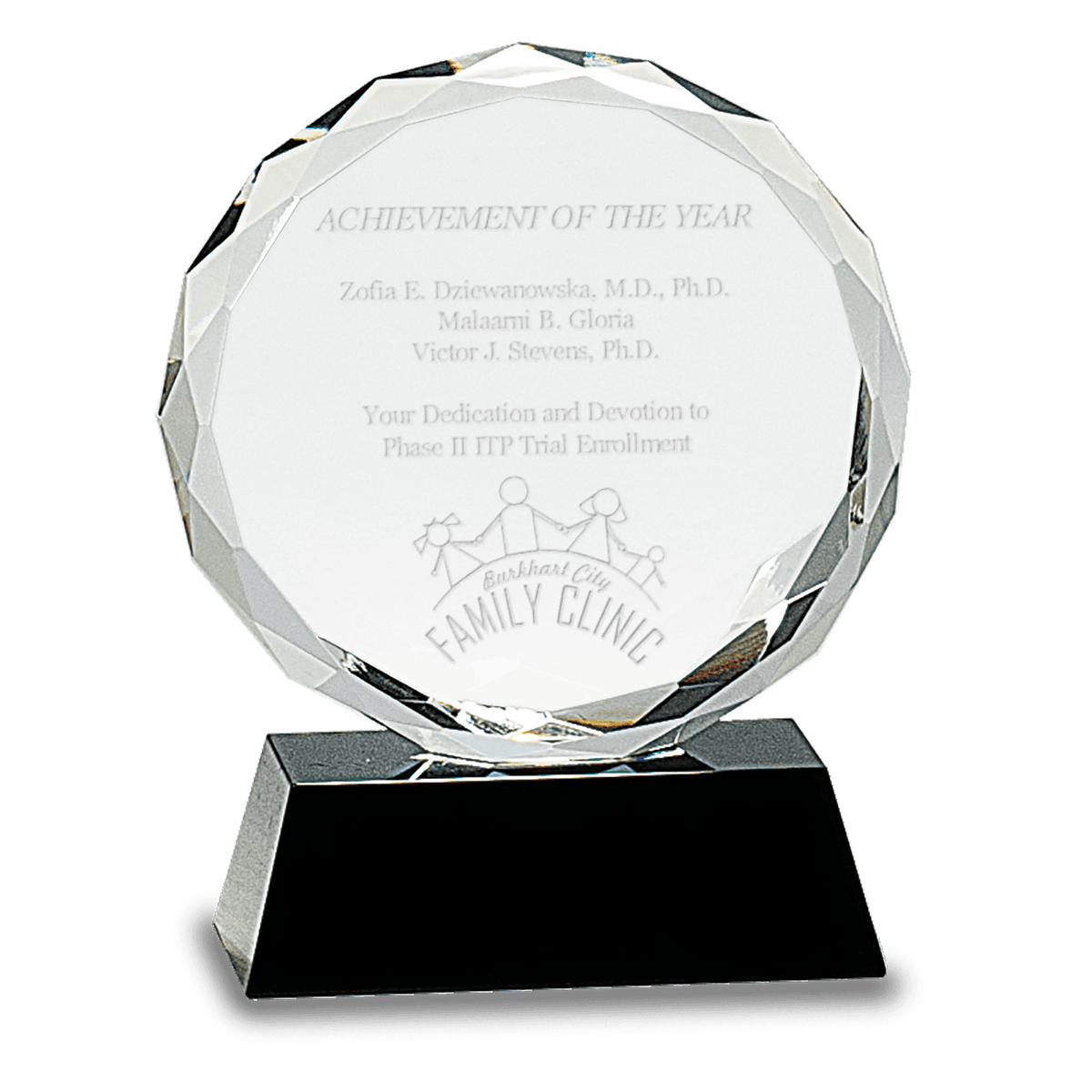 Round Facet Crystal Award on Black Pedestal