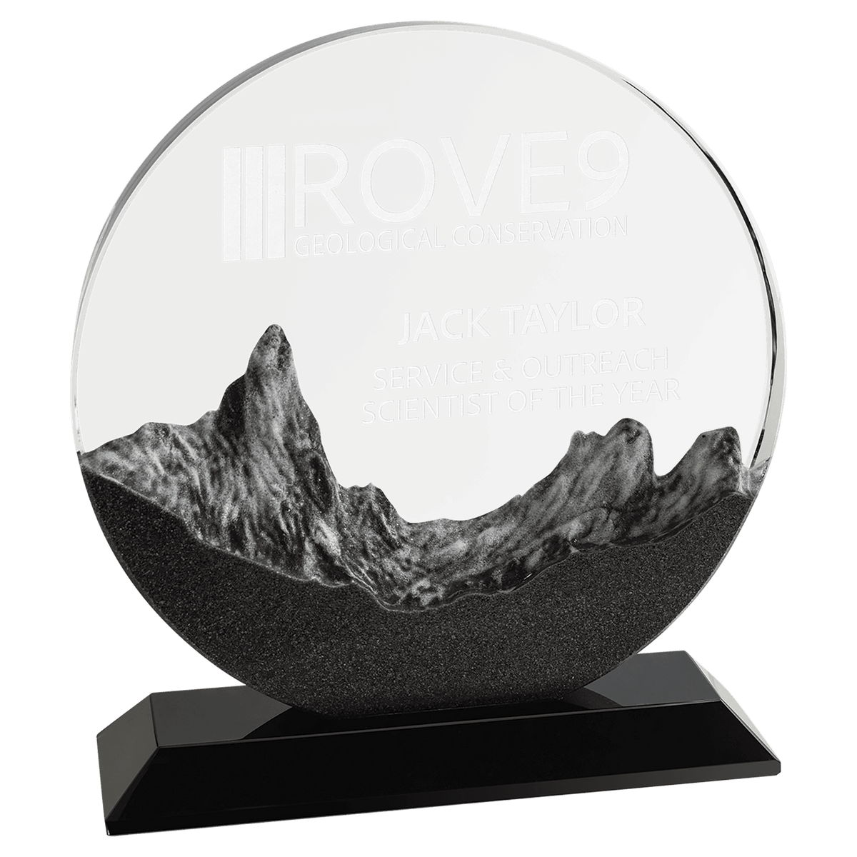 7" x 7 3/4" Round Crystal with Embedded Resin Mountain Scene and Black Base