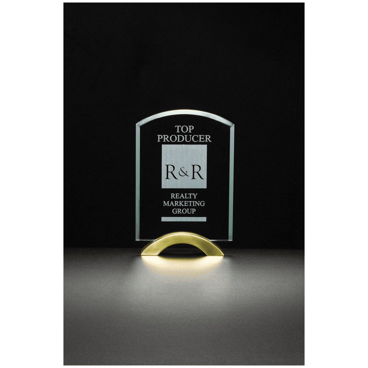 7" x 9 3/4" Arch Series Glass Award with Gold Metal Base