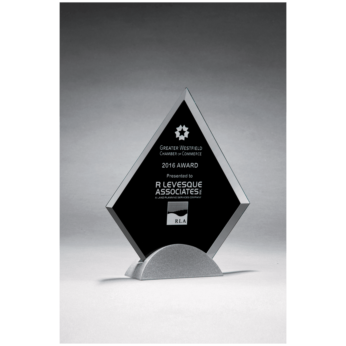 Diamond Shaped Glass Award, Black Silkscreen on Silver     Metal Base