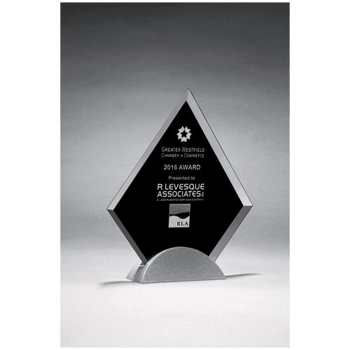 Diamond Shaped Glass Award, Black Silkscreen on Silver     Metal Base