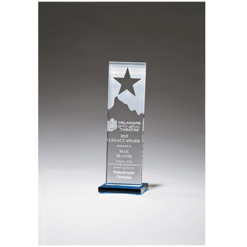 3 1/8" x 9 1/4" Etched Clear Glass Award with Star and Mountain Peak on Blue Glass Base