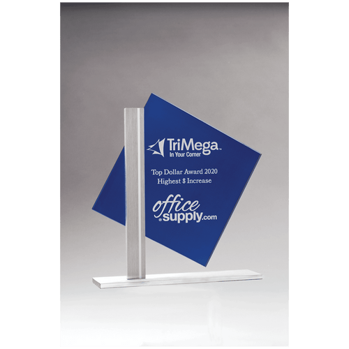 8" x 8 3/8" Diamond Series Blue Silkscreened Glass with Brushed Aluminum Post and Base