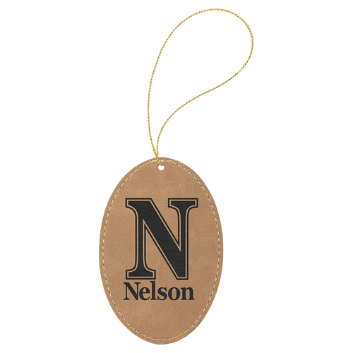 Light Brown Laserable Leatherette Oval Ornament with Gold String