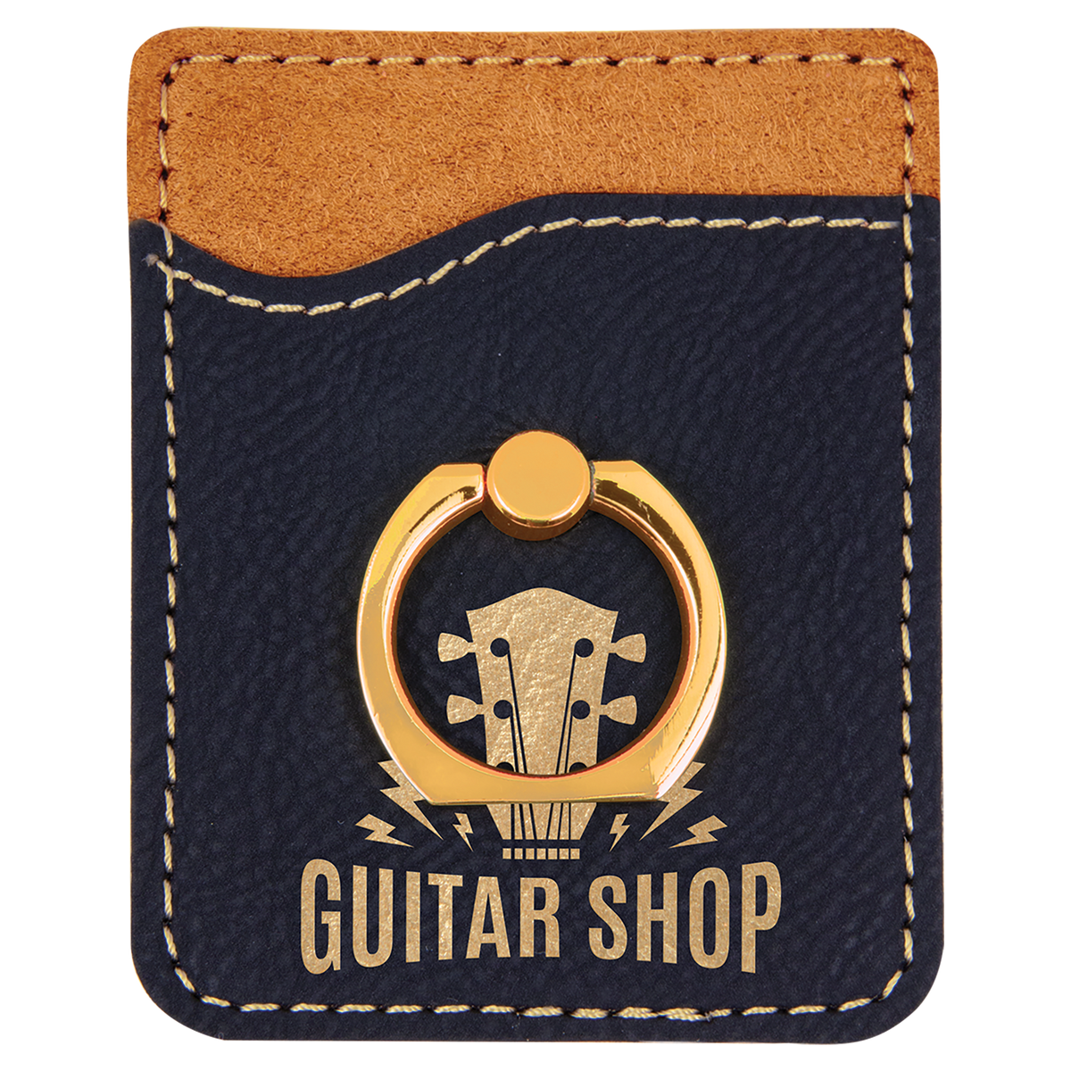 Black/Gold Laserable Leatherette Phone Wallet with Gold Ring