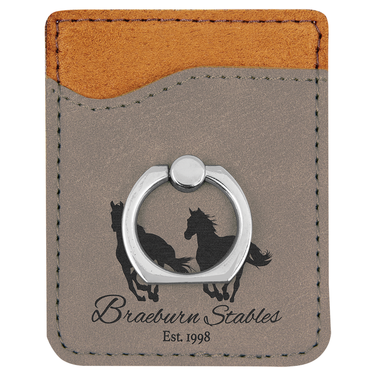 Gray Laserable Leatherette Phone Wallet with Silver Ring