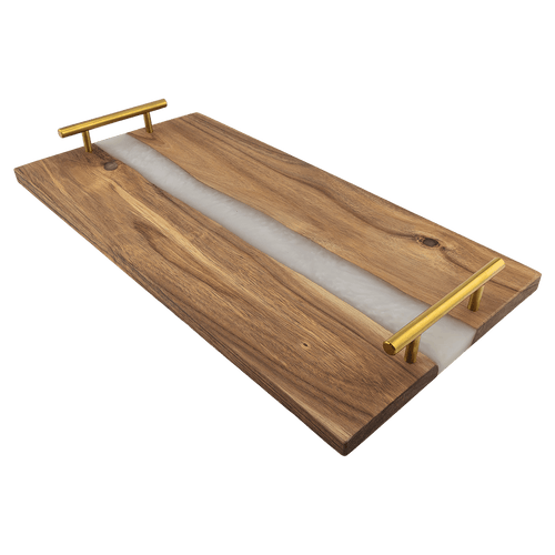 18" x 9" Acacia Serving Tray with White Pearl Resin and Gold Handles