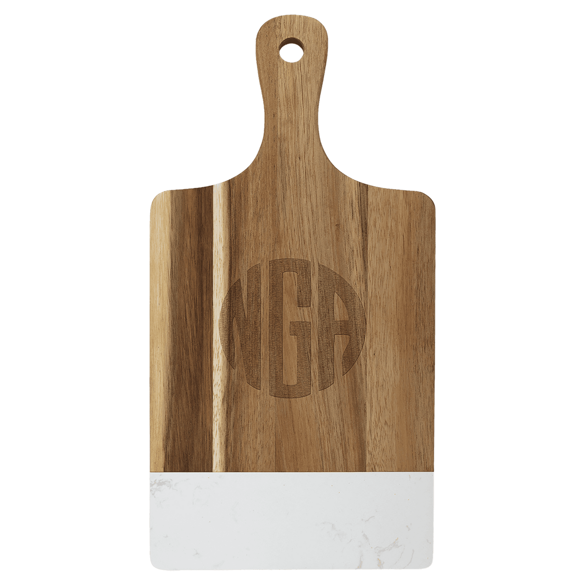 13 1/2" x 7" Acacia Wood with White Marble Accent Paddle Shaped Cutting Board
