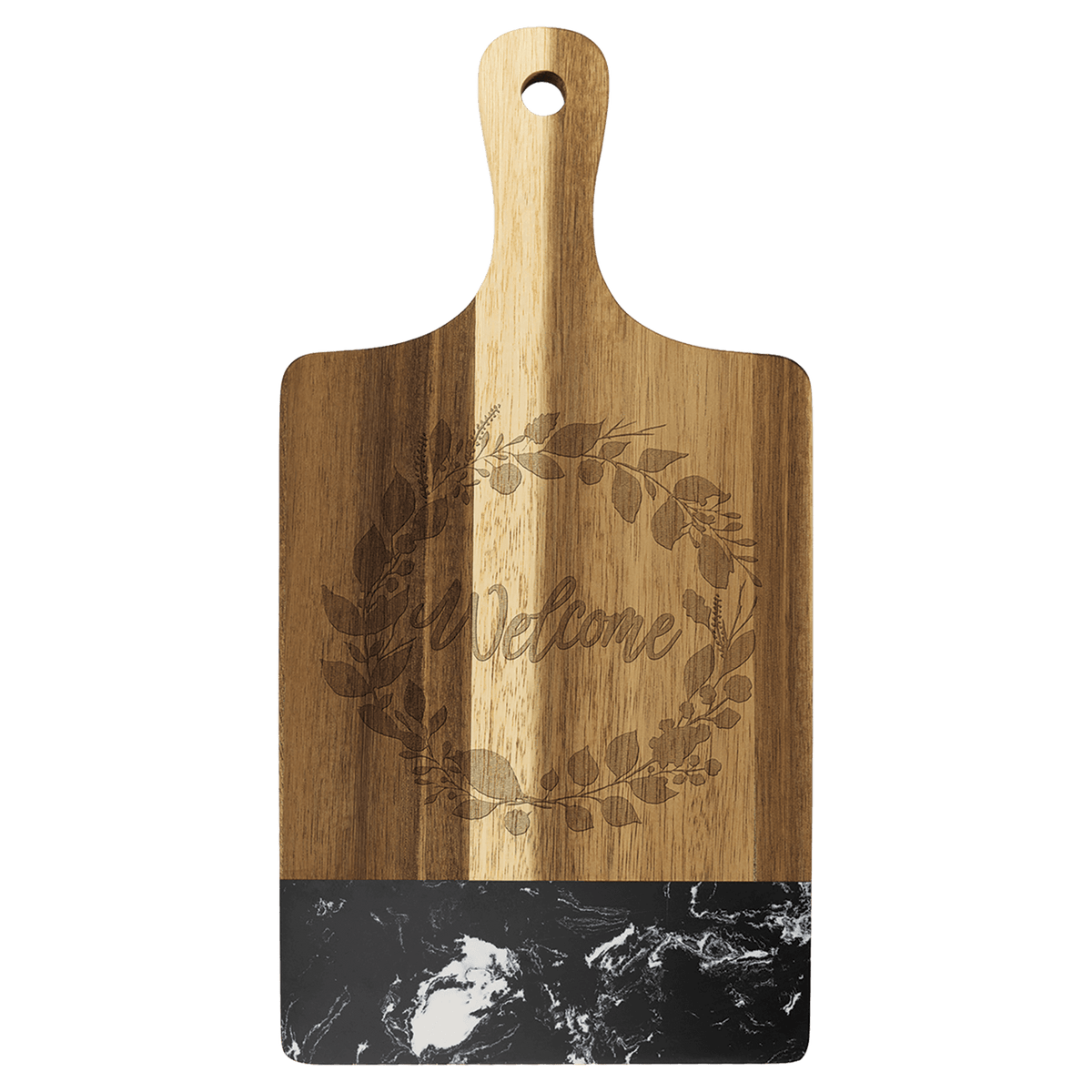 13 1/2" x 7" Acacia Wood with Black Marble Accent Paddle Shaped Cutting Board