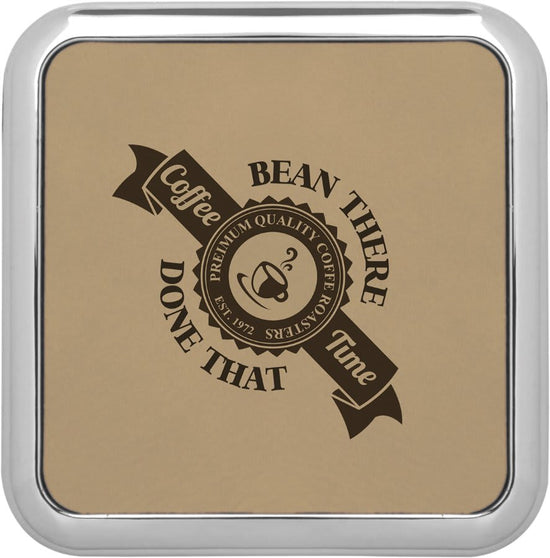 3 5/8" x 3 5/8" Square Light Brown Laserable Leatherette Coaster w/Silver Edge