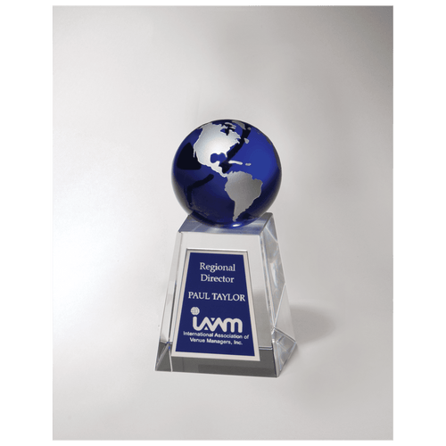 2 5/8" x 5 1/4" Crystal Trophy with Blue Globe and Blue/Silver Plate