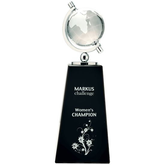 Spinning Crystal Globe on Black Pedestal