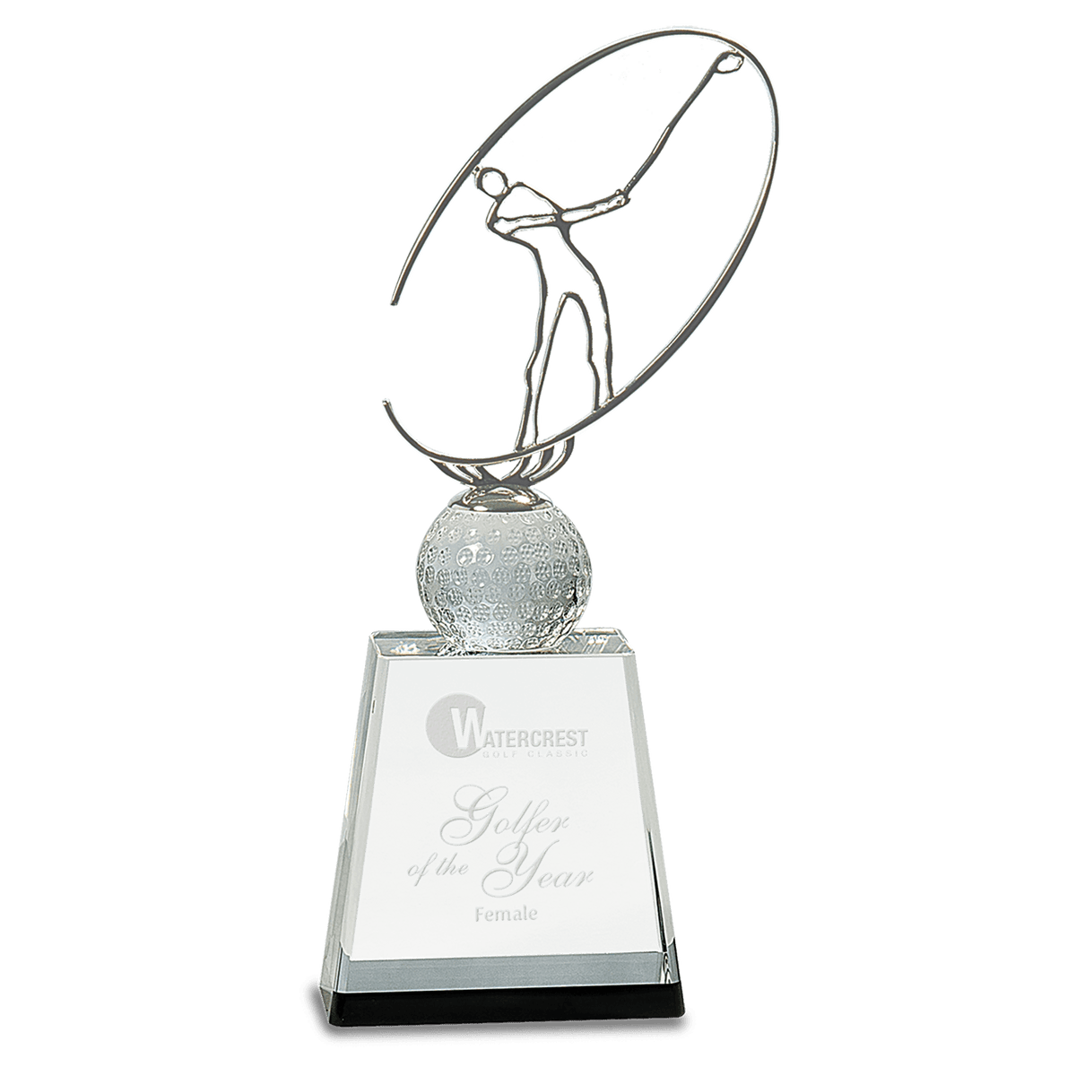 11" Clear/Black Crystal Golf Award with Silver Metal Oval Figure