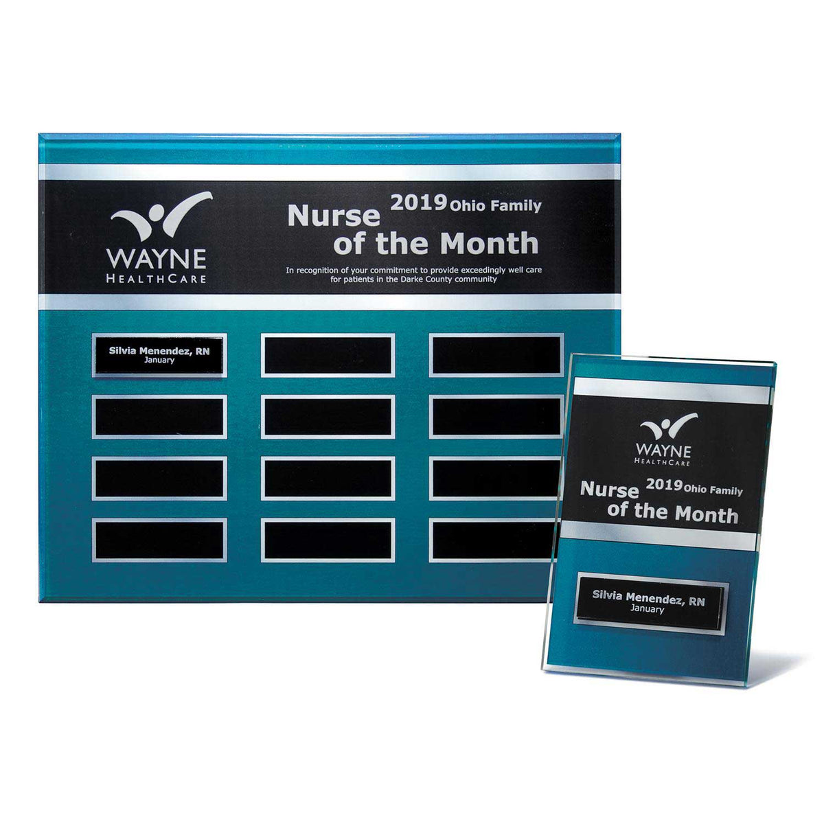 Blue Steel Lucite Perpetual Plaque with 12 Companion Plaques