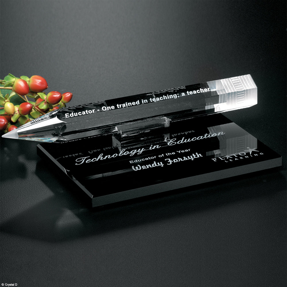 Pencil Award on Black Glass Base 8" W - Crystal D