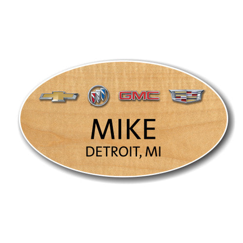 GM 4 Brand Maple Wood Finish Oval Name Badge