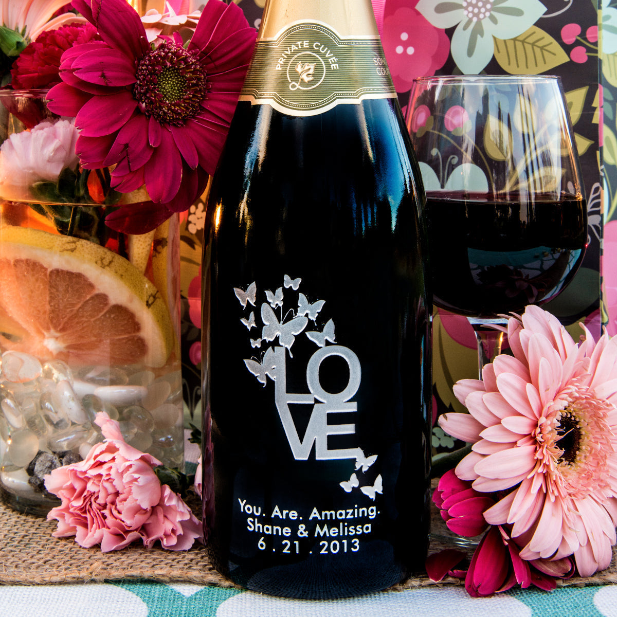 Love & Butterflies — Engraved Wine Bottle
