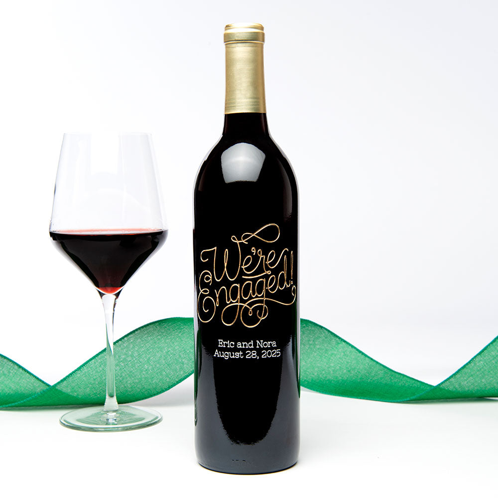 Swirly We're Engaged — Engraved Wine Bottle
