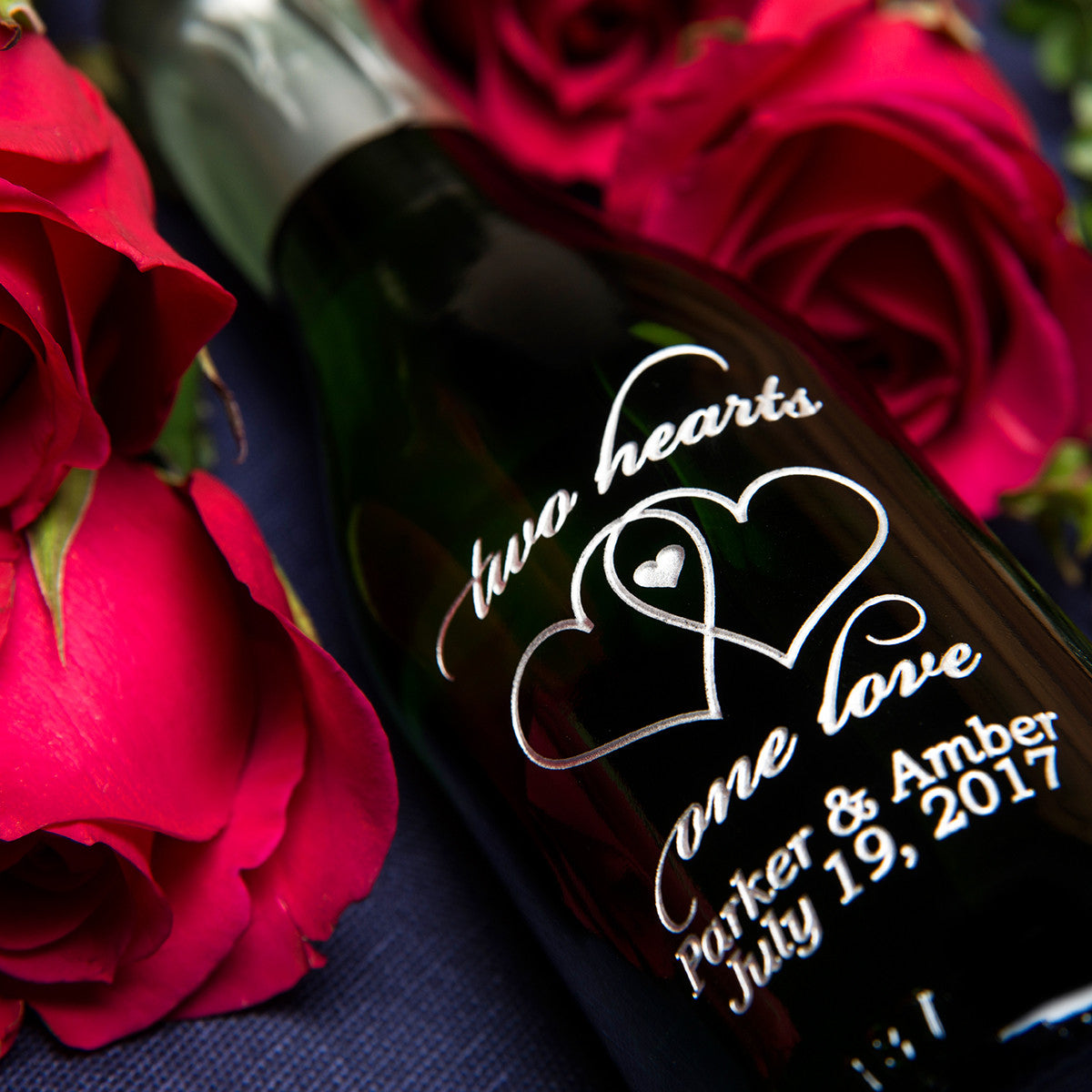Two Hearts One Love Etched Favor Sets — engraved personalized design