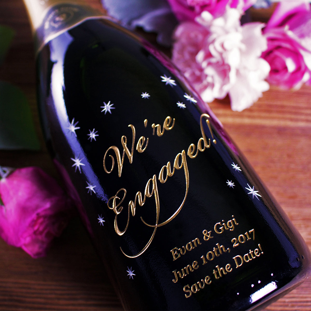 Classic We're Engaged — Engraved Wine Bottle