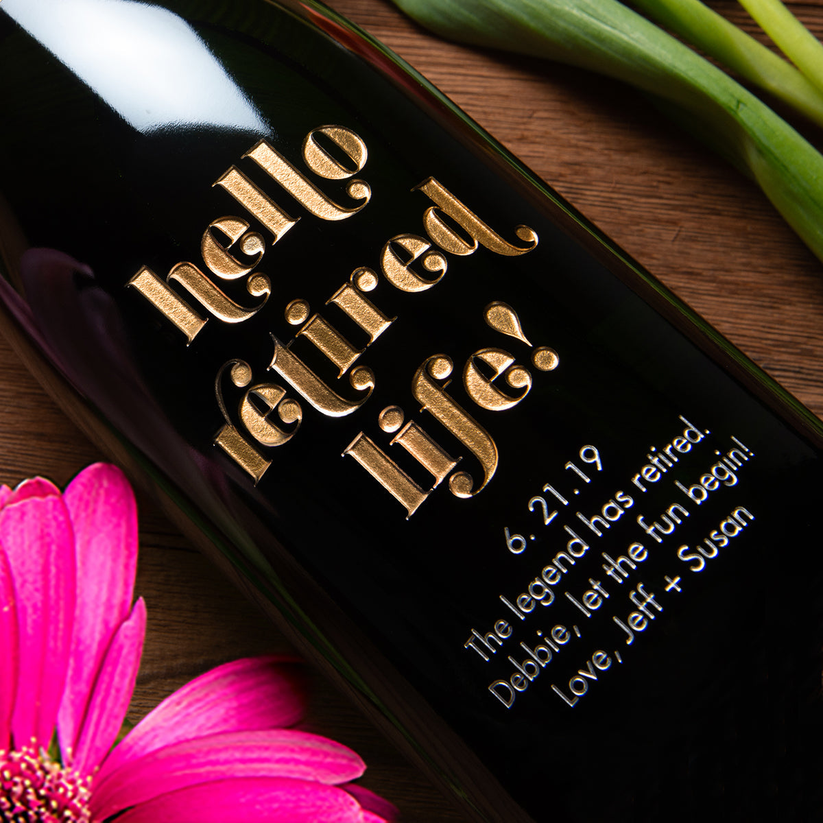 Hello Retired Life! Big Bottle — engraved personalized design
