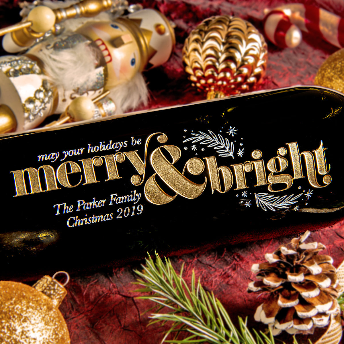 Festive Merry & Bright — Engraved Wine Bottle
