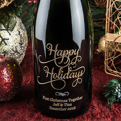 Joyful Happy Holidays — Engraved Wine Bottle