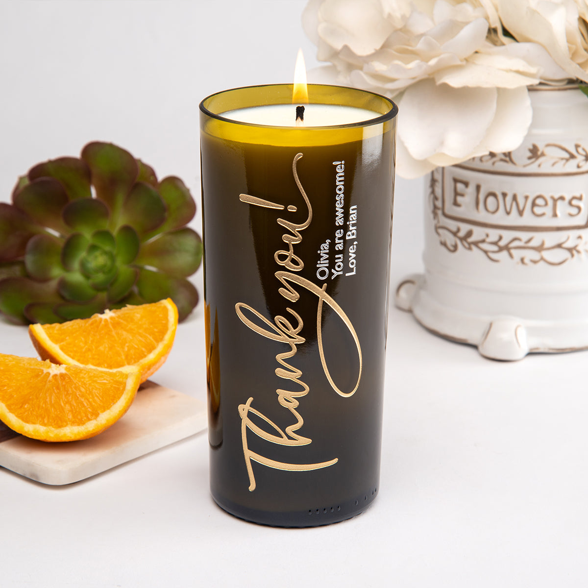 Thank you Script Personalized Candle — engraved personalized design