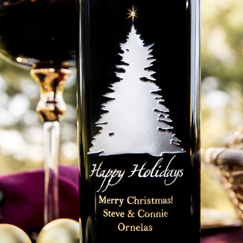 Elegant Tree & Star — Engraved Wine Bottle