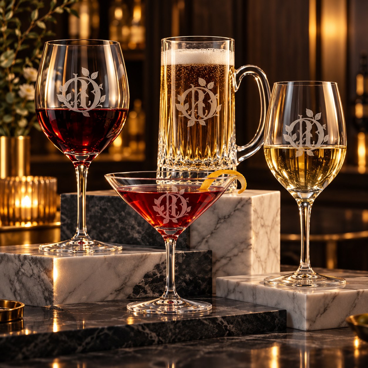 Deep etched wine, cocktail, and beer glassware on marble
