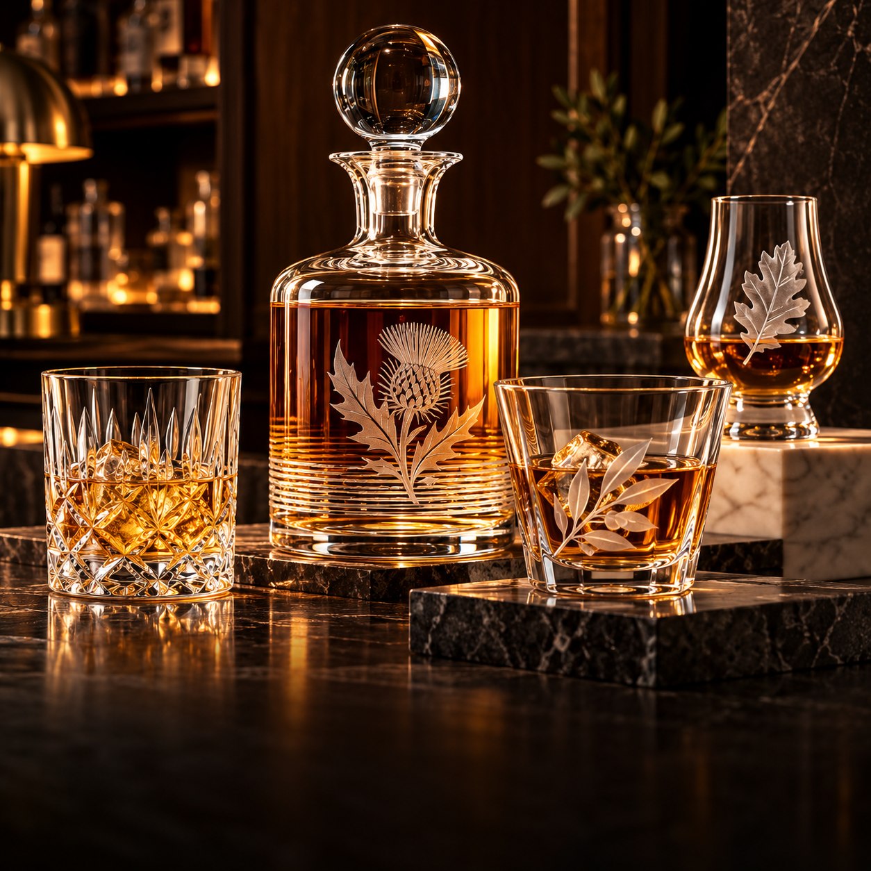 Deep etched decanter and whiskey glasses on marble