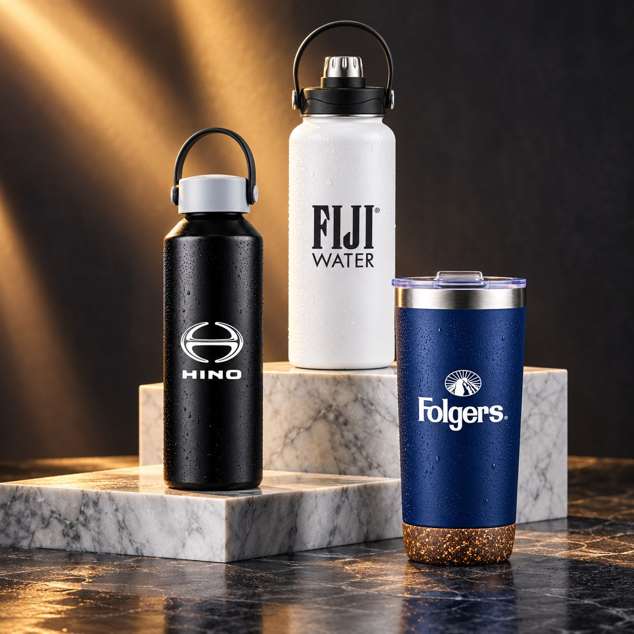 Branded bottles and tumbler staged on marble plinths